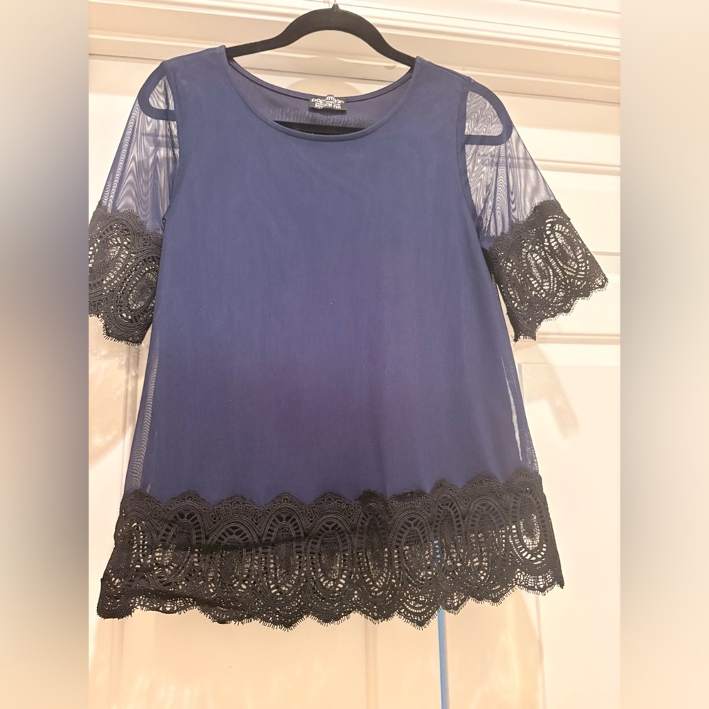 Papermoon Navy Top with Black Lace Trim